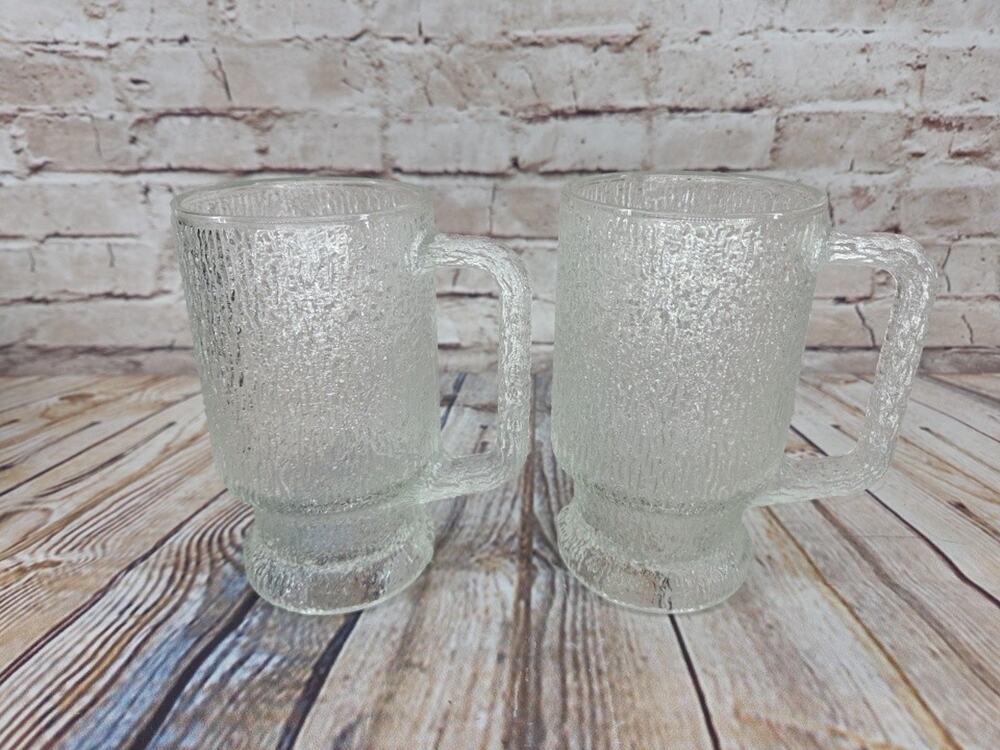 2 Crystal Ice Vintage Indiana Glass Footed Mug Textured Finish Heavy Glass